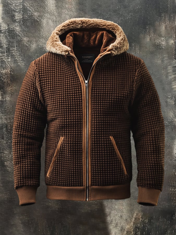 Herren Retro Waffel Patchwork Plüsch Kapuzenjacke
