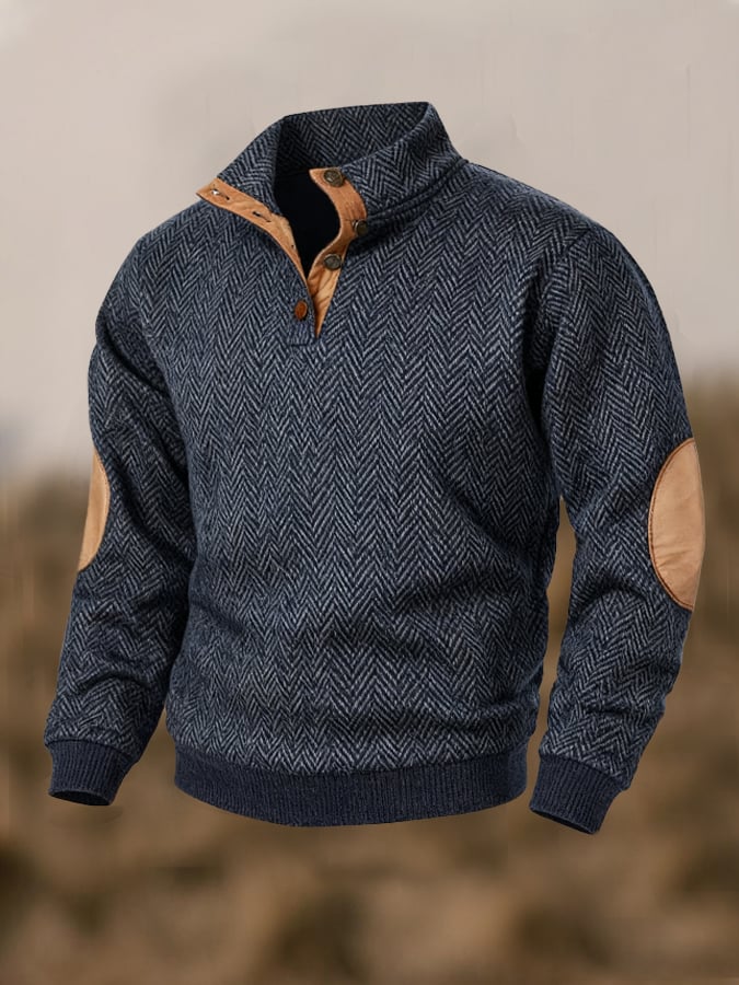 Herren-Sweatshirt mit Retro-Nähten und kontrastfarbenem Henley-Kragen, langen Ärmeln
