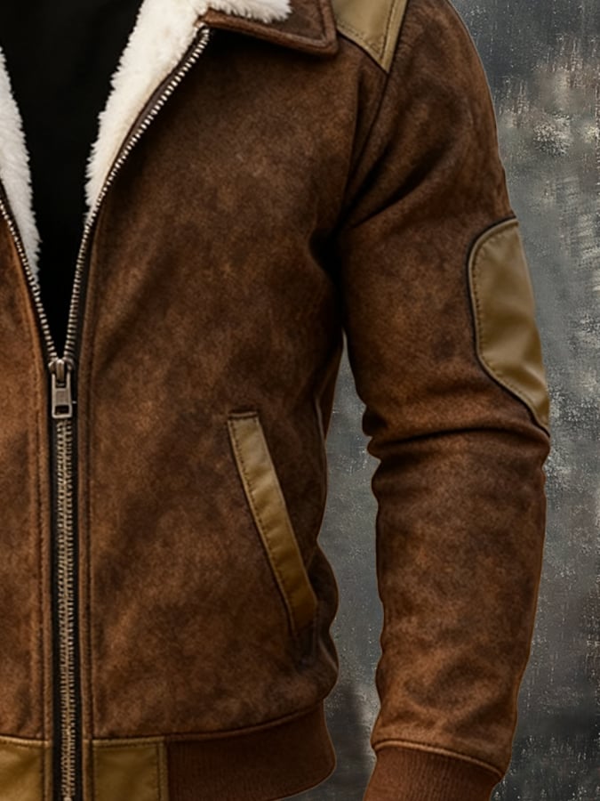 Herren Vintage Warme Wildleder Nähte Pelz Revers Westernjacke