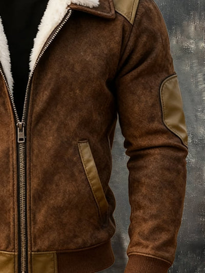 Herren Vintage Warme Wildleder Nähte Pelz Revers Westernjacke