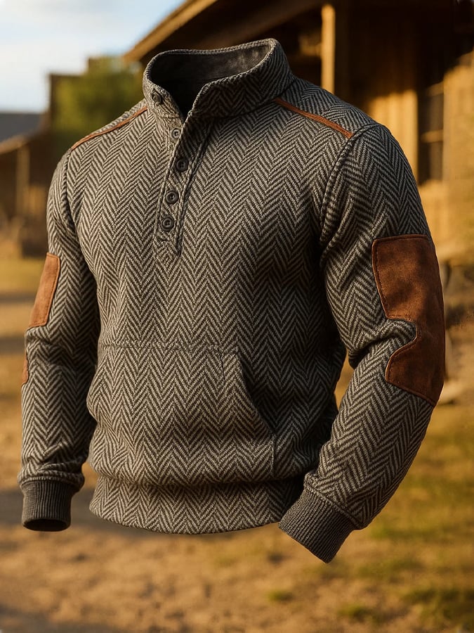 Herren-Sweatshirt mit Vintage-Jacquard-Fischgrätenmuster