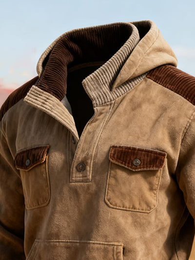 Herren-Kapuzenpullover mit Retro-Nähten und Stehkragen in Kontrastfarbe (Kapuze ist abnehmbar)