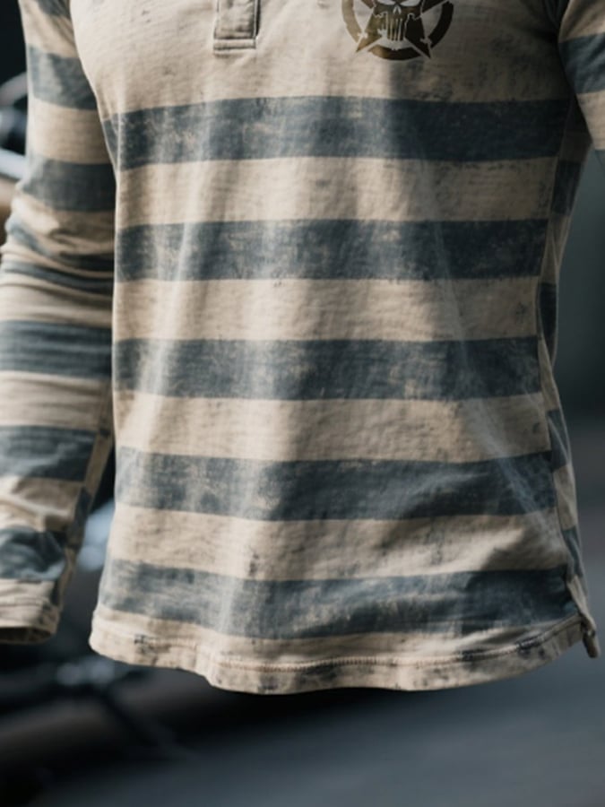 Herren-Henley-T-Shirt mit langen Ärmeln und Farbblock-Streifen aus gewaschener Baumwolle