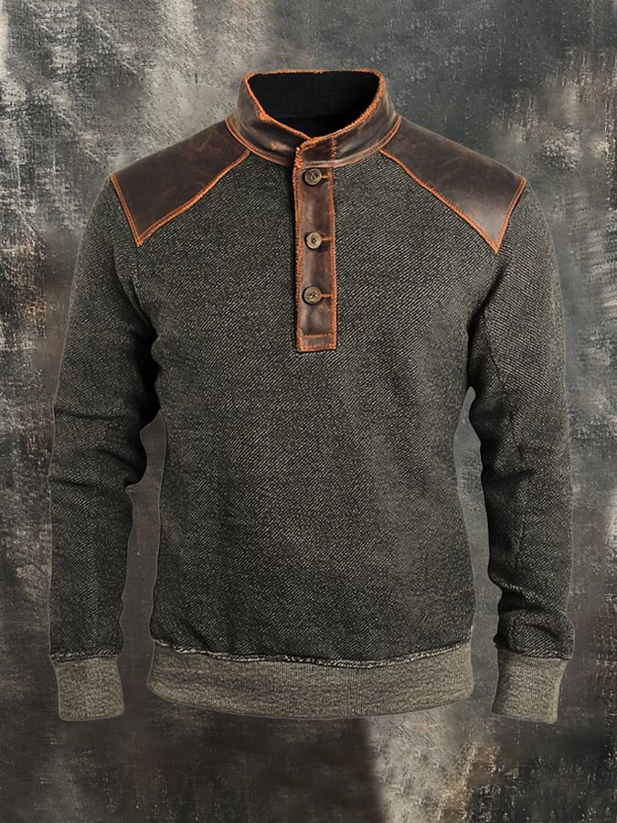 Herren-Sweatshirt mit Retro-Nähten und kontrastfarbenem Henley-Kragen, langen Ärmeln