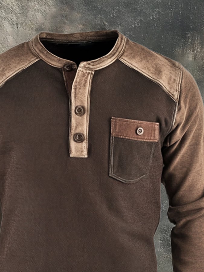Herren-Sweatshirt mit Retro-Nähten und kontrastfarbenem Henley-Kragen, langen Ärmeln