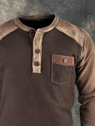 Herren-Sweatshirt mit Retro-Nähten und kontrastfarbenem Henley-Kragen, langen Ärmeln