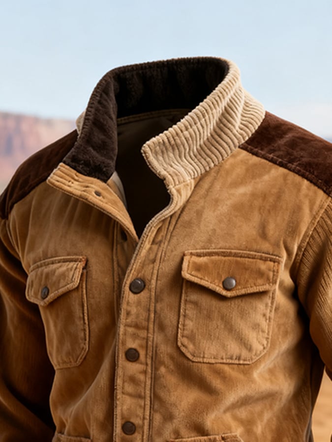 Herren Freizeitjacke mit Retro-Nähten und Kontrastfarbe und mehreren Taschen, Stehkragen