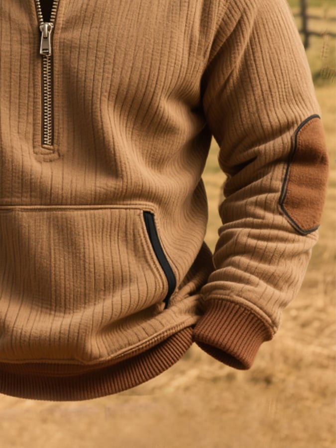 Herren-Sweatshirt mit Rundhalsausschnitt und Retro-Nähten in Kontrastfarbe mit Reißverschluss