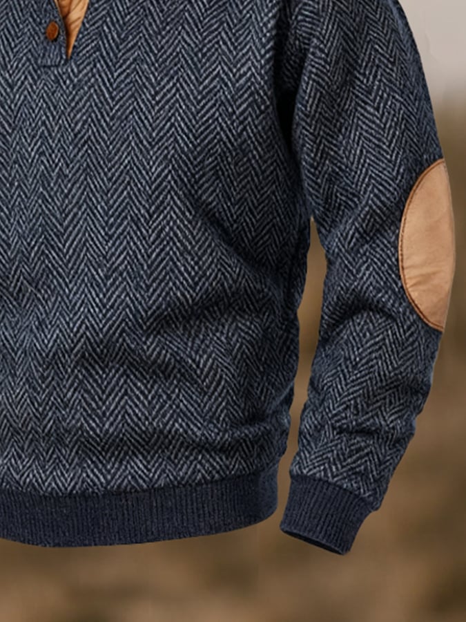 Herren-Sweatshirt mit Retro-Nähten und kontrastfarbenem Henley-Kragen, langen Ärmeln