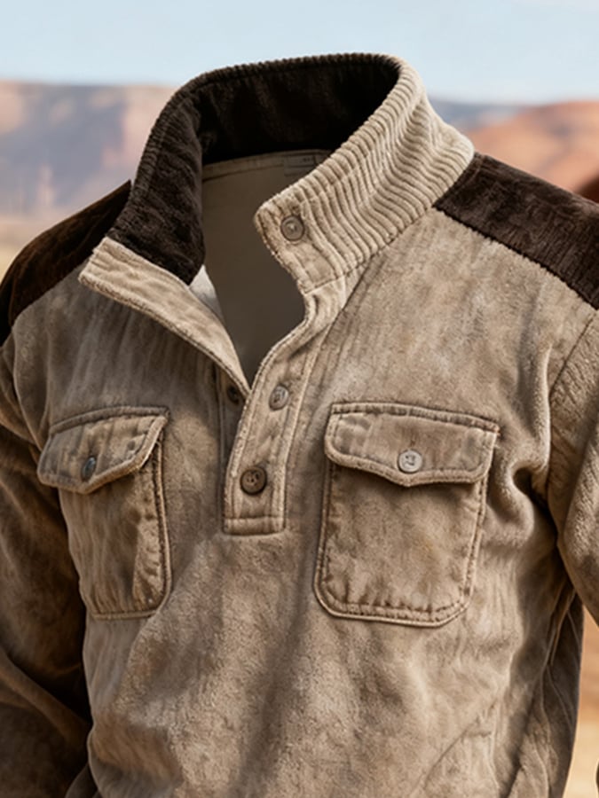 Herren-Sweatshirt mit Retro-Nähten und kontrastfarbenem Henley-Kragen, langen Ärmeln