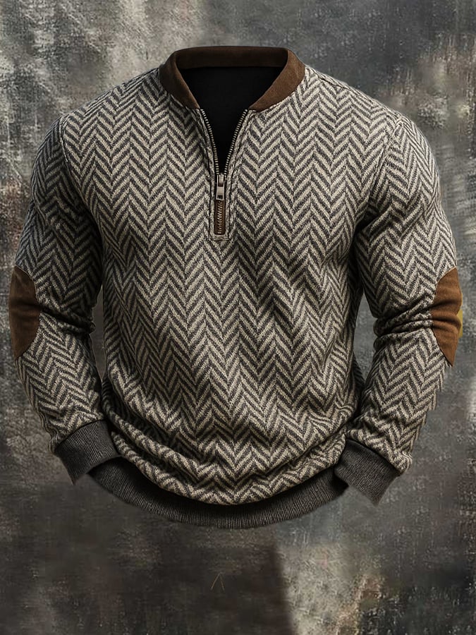 Herren-Sweatshirt mit Vintage-Jacquard-Fischgrätenmuster
