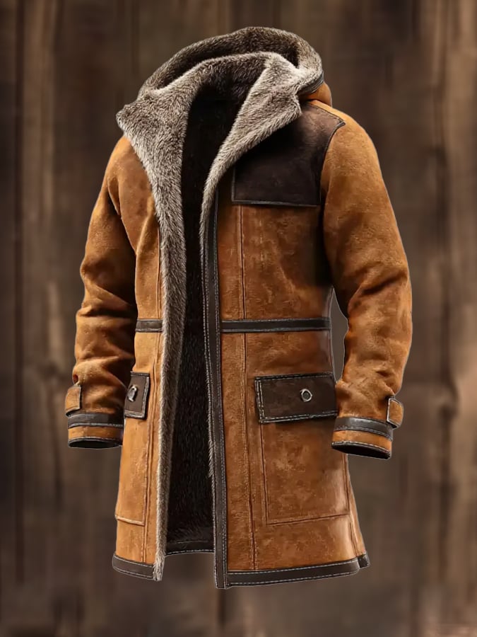 Langer Vintage-Mantel aus Wildleder und Lammfell im Used-Look für Herren