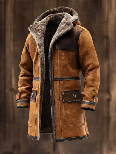 Langer Vintage-Mantel aus Wildleder und Lammfell im Used-Look für Herren