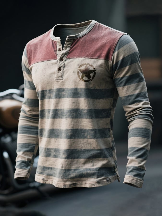 Herren-Henley-T-Shirt mit langen Ärmeln und Farbblock-Streifen aus gewaschener Baumwolle