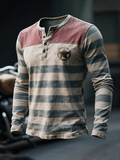 Herren-Henley-T-Shirt mit langen Ärmeln und Farbblock-Streifen aus gewaschener Baumwolle