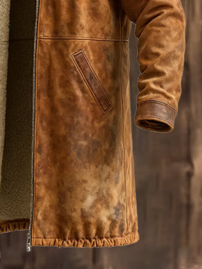 Langer Vintage-Mantel aus Wildleder und Lammfell im Used-Look für Herren