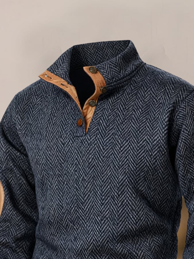 Herren-Sweatshirt mit Retro-Nähten und kontrastfarbenem Henley-Kragen, langen Ärmeln