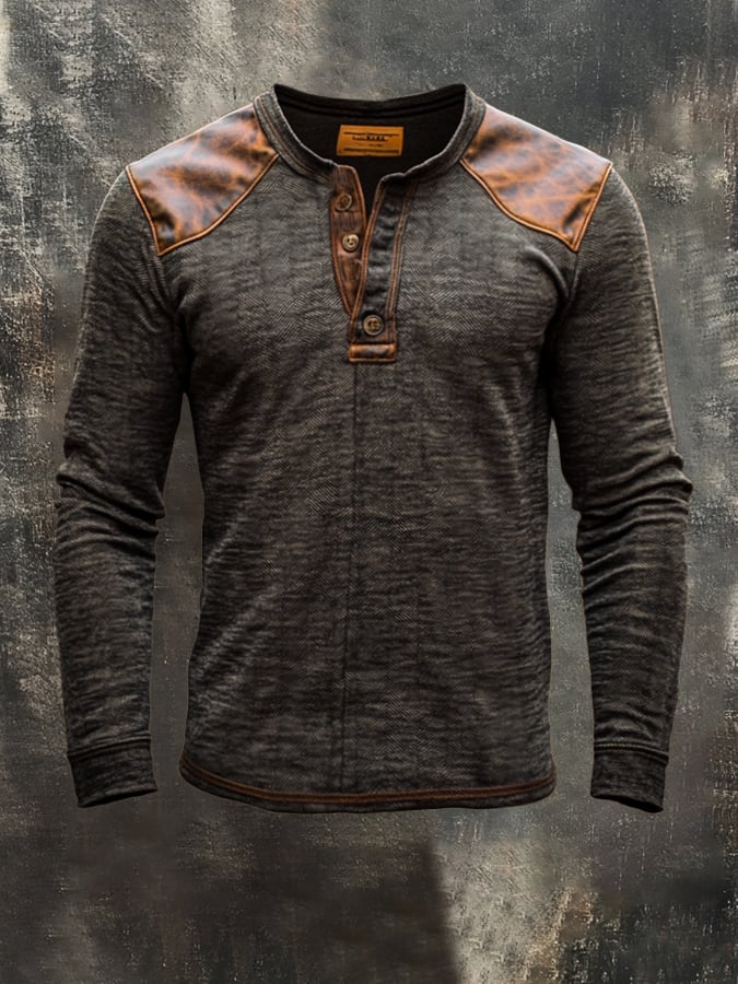Herren-Henley-Hemd aus Baumwolle, lässig, Vintage, Used-Look, gewaschenes Leder, langärmelig