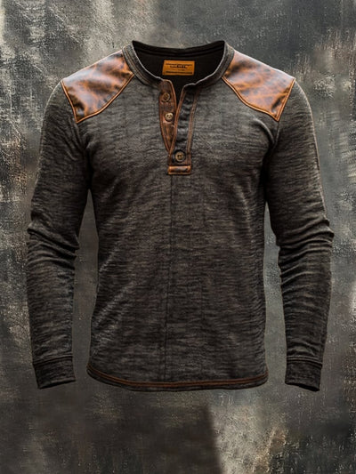 Herren-Henley-Hemd aus Baumwolle, lässig, Vintage, Used-Look, gewaschenes Leder, langärmelig