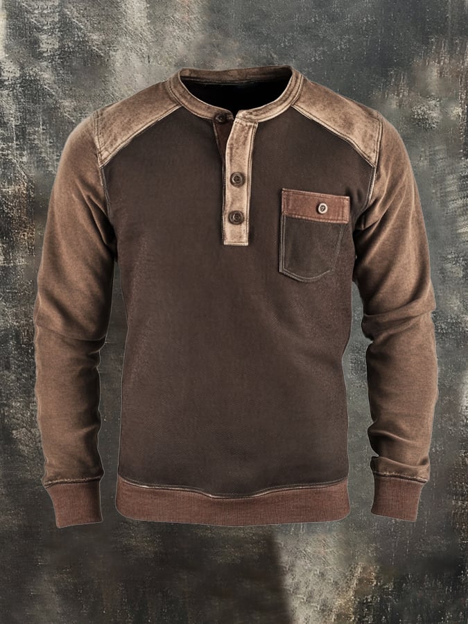 Herren-Sweatshirt mit Retro-Nähten und kontrastfarbenem Henley-Kragen, langen Ärmeln