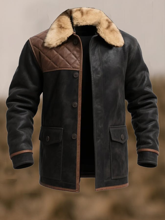 Herren Vintage Warme Wildleder Nähte Pelz Revers Westernjacke