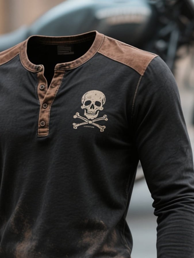 Lässiges Henley-Langarm-T-Shirt mit Muster