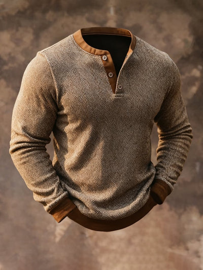 Herren-Sweatshirt mit Retro-Fischgrätenmuster und kontrastfarbenem Henley-Kragen und langen Ärmeln