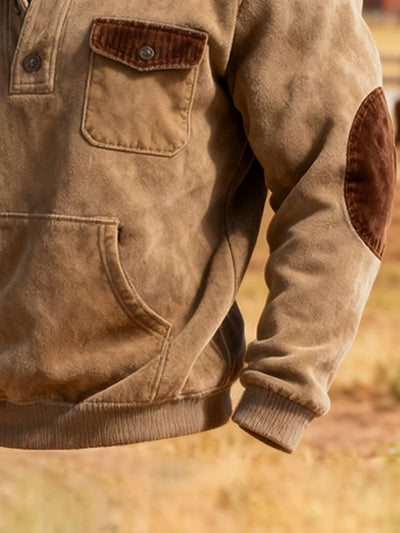 Herren-Kapuzenpullover mit Retro-Nähten und Stehkragen in Kontrastfarbe (Kapuze ist abnehmbar)