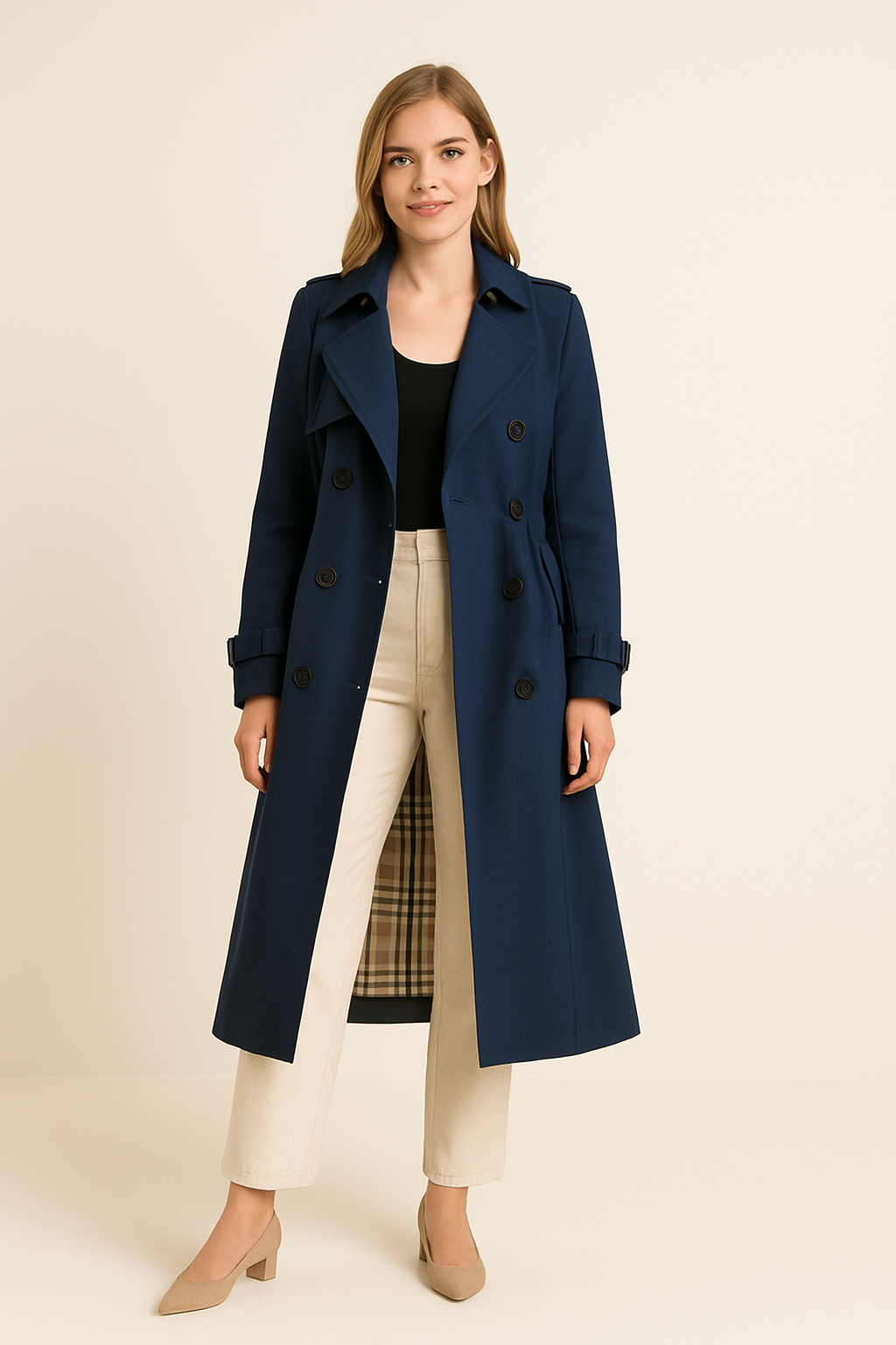 HERBERGER | Eleganter Damen Trenchcoat lang mit Bindegürtel und Knopfleiste