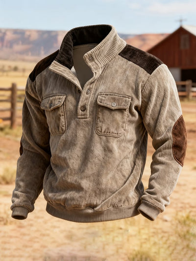 Herren-Sweatshirt mit Retro-Nähten und kontrastfarbenem Henley-Kragen, langen Ärmeln