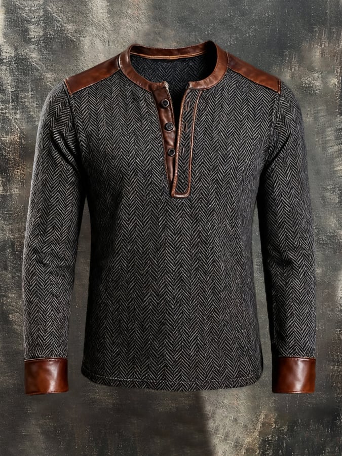 Herren-Langarm-T-Shirt mit Fischgrätenmuster und kontrastierendem Henley-Kragen aus Leder