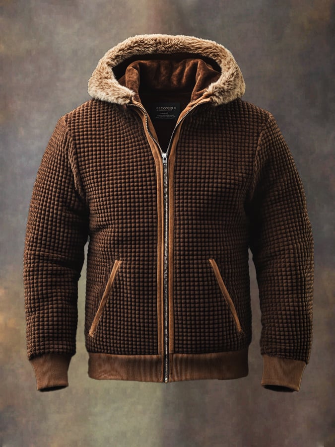 Herren Retro Waffel Patchwork Plüsch Kapuzenjacke