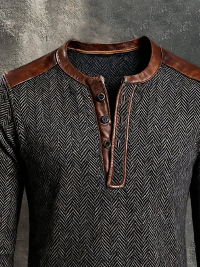 Herren-Langarm-T-Shirt mit Fischgrätenmuster und kontrastierendem Henley-Kragen aus Leder
