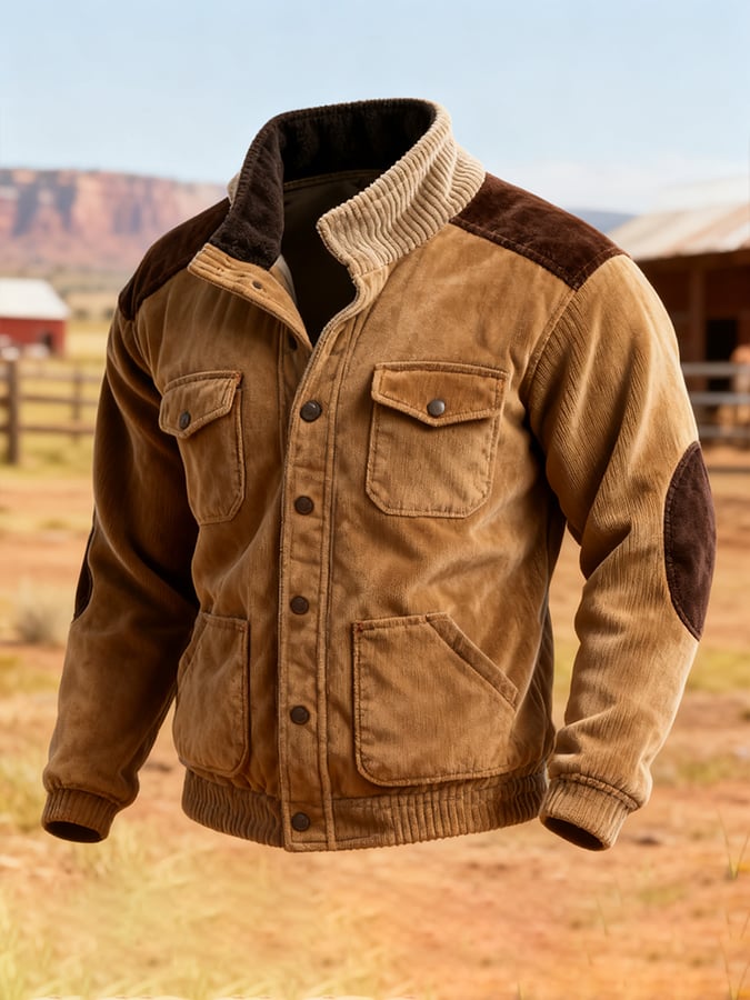 Herren Freizeitjacke mit Retro-Nähten und Kontrastfarbe und mehreren Taschen, Stehkragen