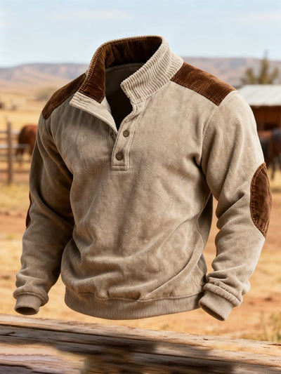 Herren-Sweatshirt mit Retro-Nähten und kontrastfarbenem Henley-Kragen, langen Ärmeln