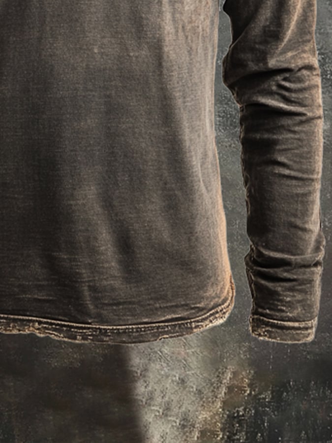 Herren-Langarm-T-Shirt mit Vintage-Fransen und Henry-Kragen