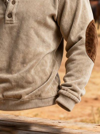 Herren-Sweatshirt mit Retro-Nähten und kontrastfarbenem Henley-Kragen, langen Ärmeln