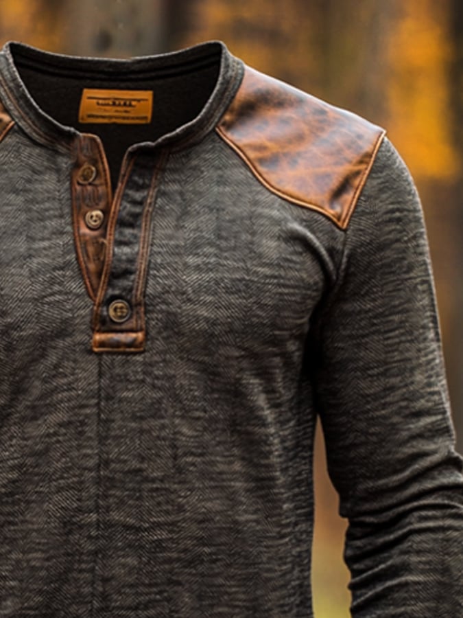 Herren-Henley-Hemd aus Baumwolle, lässig, Vintage, Used-Look, gewaschenes Leder, langärmelig