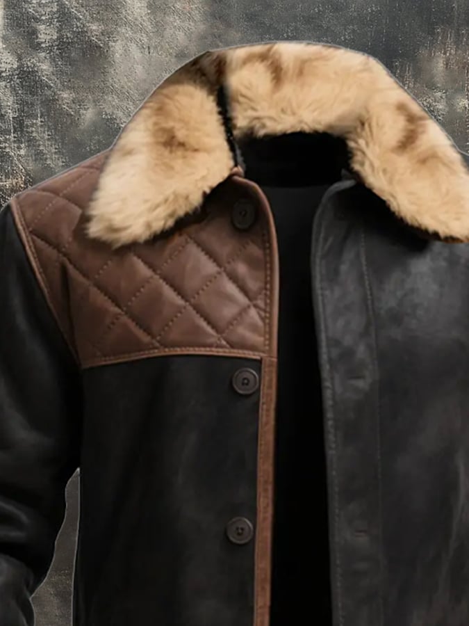 Herren Vintage Warme Wildleder Nähte Pelz Revers Westernjacke