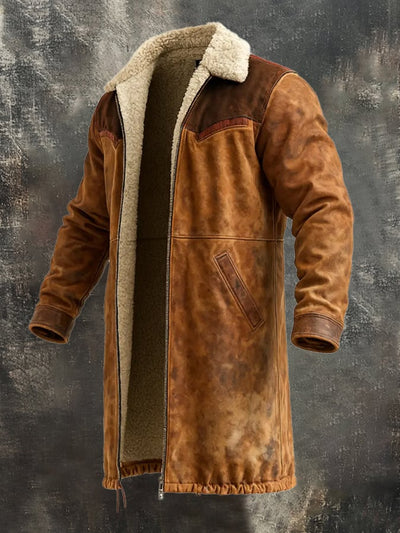 Langer Vintage-Mantel aus Wildleder und Lammfell im Used-Look für Herren