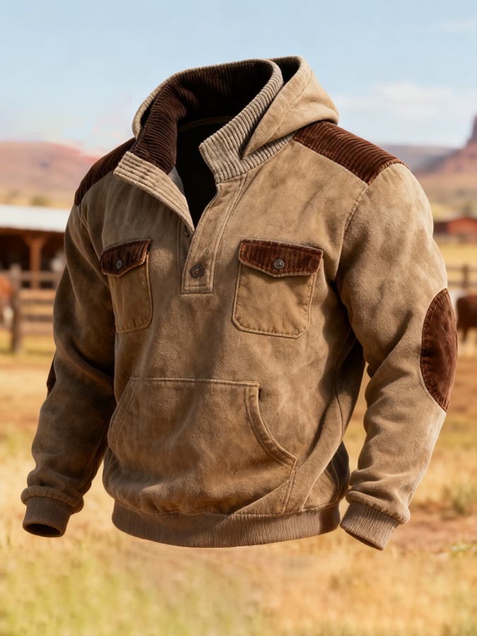 Herren-Kapuzenpullover mit Retro-Nähten und Stehkragen in Kontrastfarbe (Kapuze ist abnehmbar)