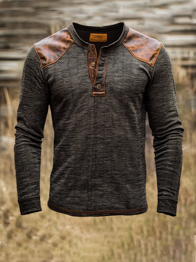 Herren-Henley-Hemd aus Baumwolle, lässig, Vintage, Used-Look, gewaschenes Leder, langärmelig
