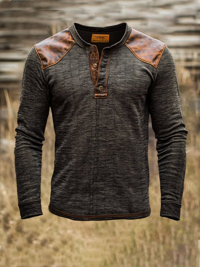 Herren-Henley-Hemd aus Baumwolle, lässig, Vintage, Used-Look, gewaschenes Leder, langärmelig