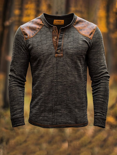 Herren-Henley-Hemd aus Baumwolle, lässig, Vintage, Used-Look, gewaschenes Leder, langärmelig