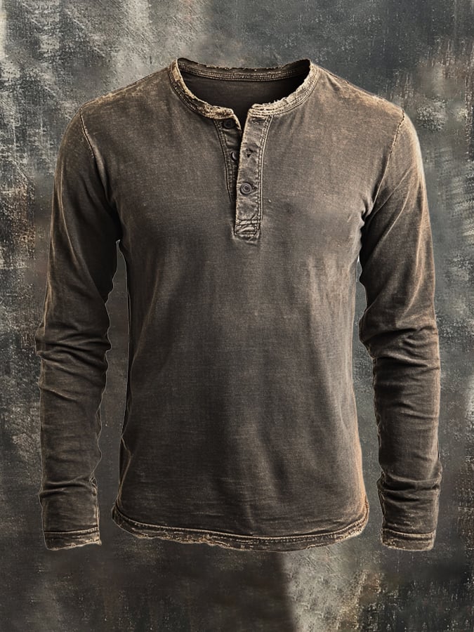 Herren-Langarm-T-Shirt mit Vintage-Fransen und Henry-Kragen