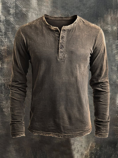 Herren-Langarm-T-Shirt mit Vintage-Fransen und Henry-Kragen