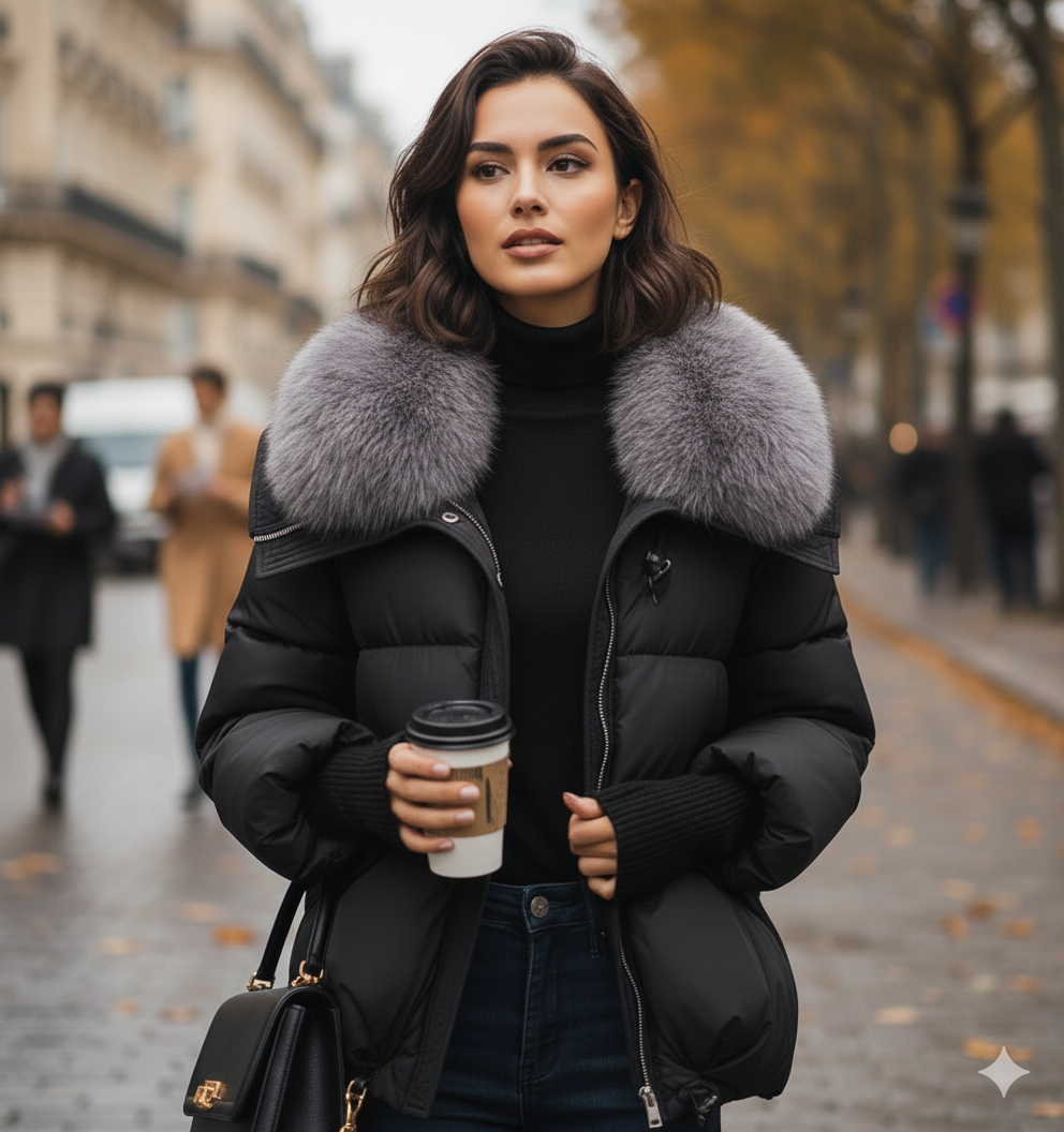 Kurze Daunenjacke mit Pelzkragen – Winter-Style