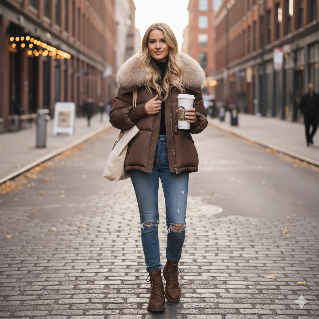 Kurze Daunenjacke mit Pelzkragen – Winter-Style