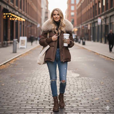Kurze Daunenjacke mit Pelzkragen – Winter-Style