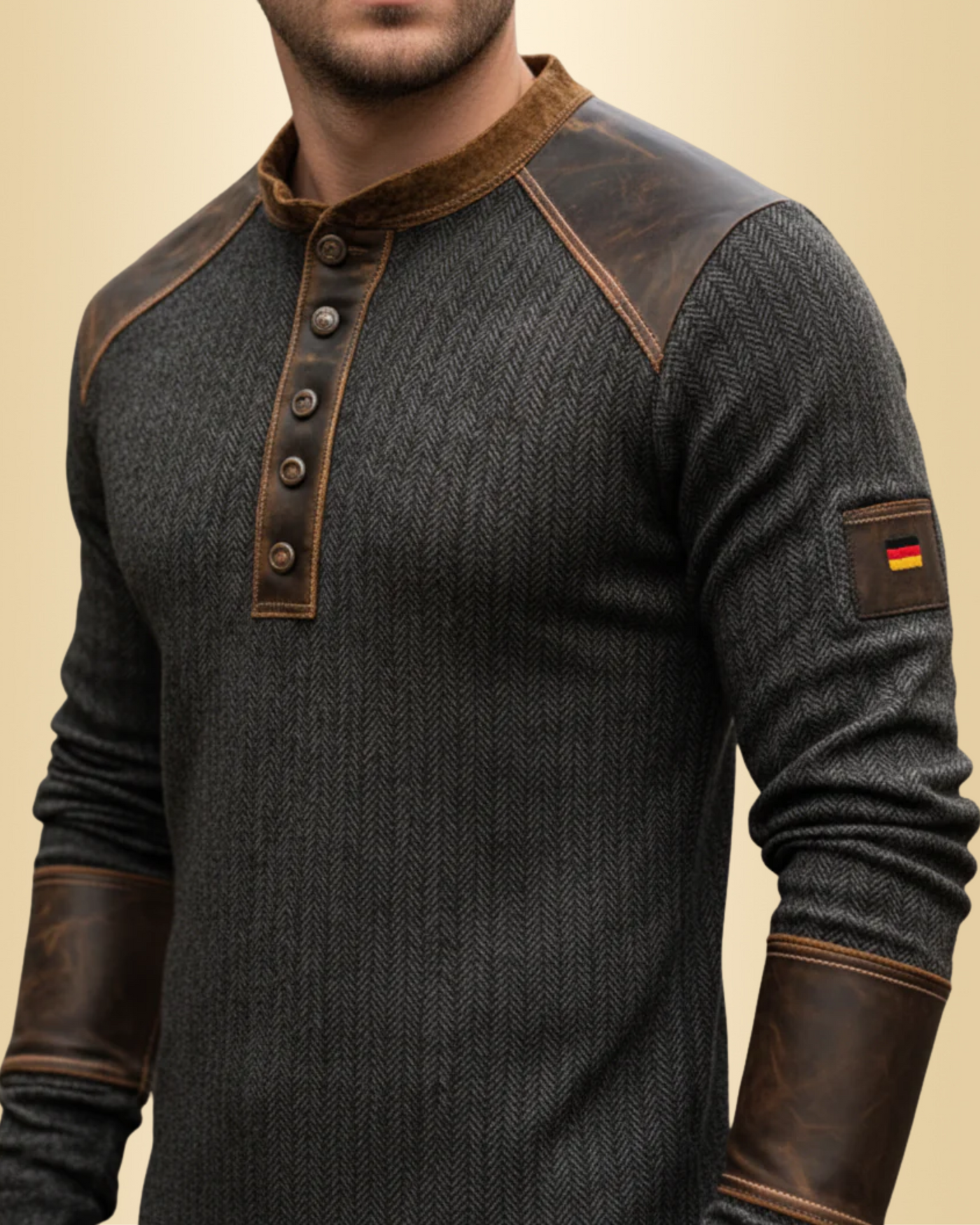 Henry™| Vintage Henley-Pullover mit Lederbesatz